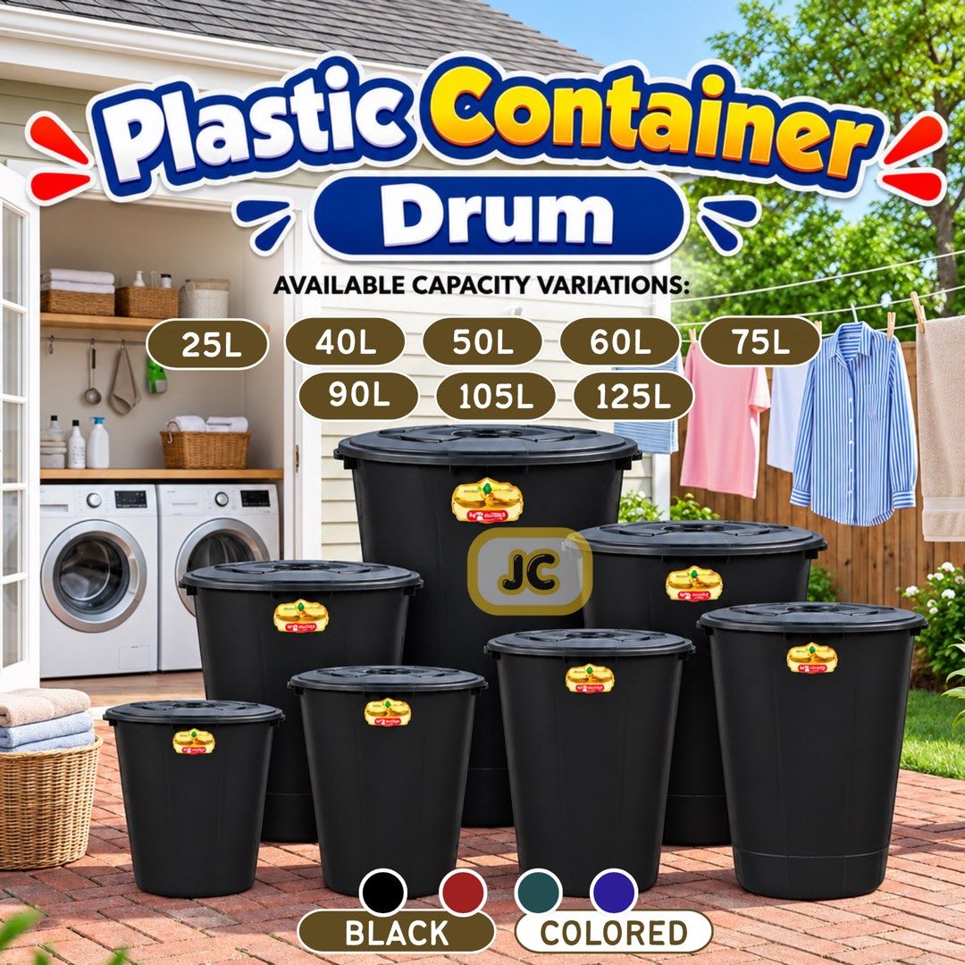 Plastic Container Drum Storage Bucket with Lid Multiple Sizes Colors (Category: Storage Boxes & Baskets) located in Manila. Submitted by thedaytoday.ph (Listing ID 1467946926, Image 3). Description: Heavy-Duty Plastic Container Drum 🪣✨ ✔️ Multi-Purpose: Perfect for laundry rooms, bathrooms, or outdoor storage. ✔️ Secure Lid: Keeps your contents safe, clean, and protected from dust. ✔️ Durable Quality: Made from thick, heavy-duty black plastic de