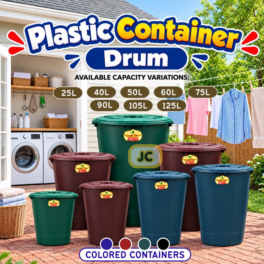 Plastic Container Drum Storage Bucket with Lid Multiple Sizes Colors (Category: Storage Boxes & Baskets) located in Manila. Submitted by thedaytoday.ph (Listing ID 1467946926, Image 1). Description: Heavy-Duty Plastic Container Drum 🪣✨ ✔️ Multi-Purpose: Perfect for laundry rooms, bathrooms, or outdoor storage. ✔️ Secure Lid: Keeps your contents safe, clean, and protected from dust. ✔️ Durable Quality: Made from thick, heavy-duty black plastic de