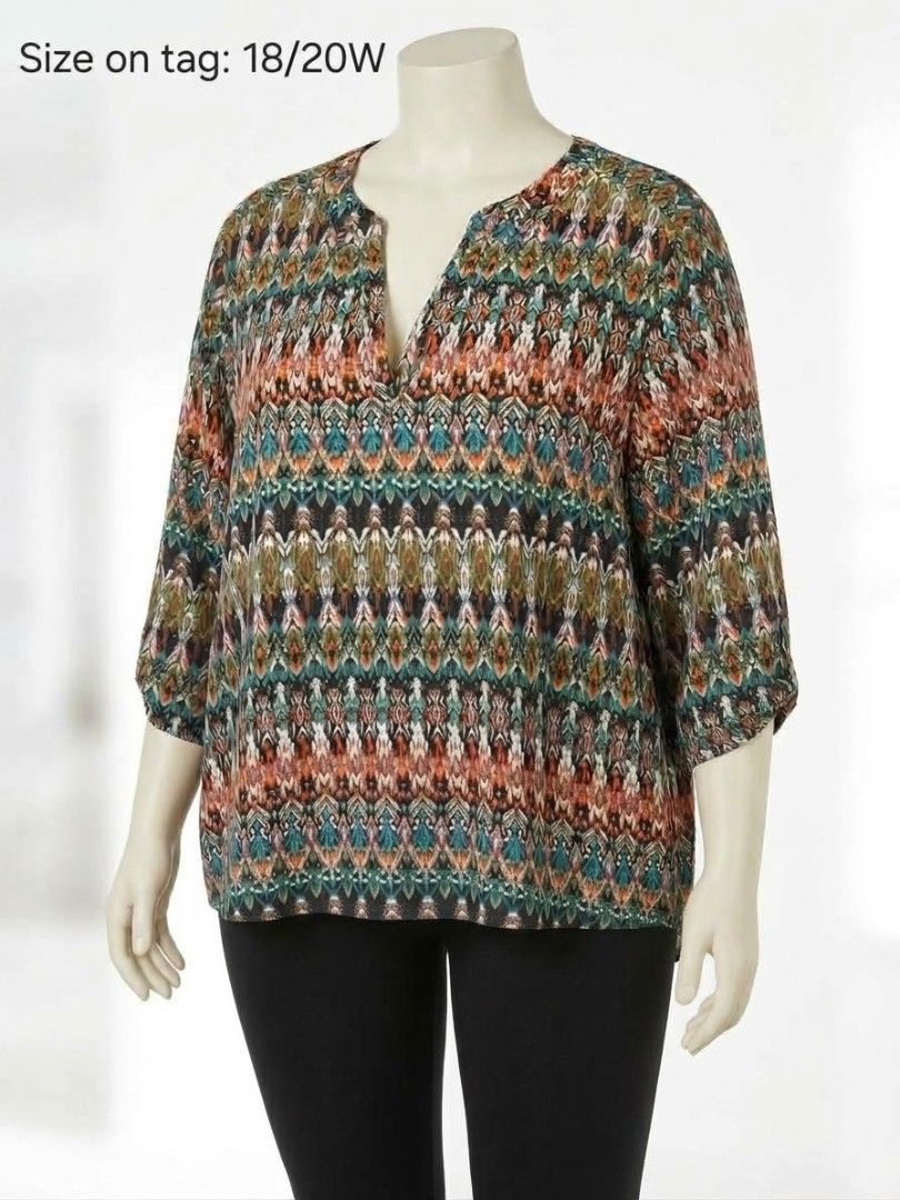 Plus size printed tunic top 18/20W (Category: Blouses) located in Makati City. Submitted by grande.taille.by.ab (Listing ID 1467967377, Image 1). Description: - Style: Multicolor patterned tunic blouse with a relaxed fit and easy slip-on design - Size: 18/20W - Neckline: V-neck - Sleeves: Three-quarter length - Material: Lightweight, perfect for layering or wearing on its own with black leggings - Condition: Excellent (Ready to wear!).
