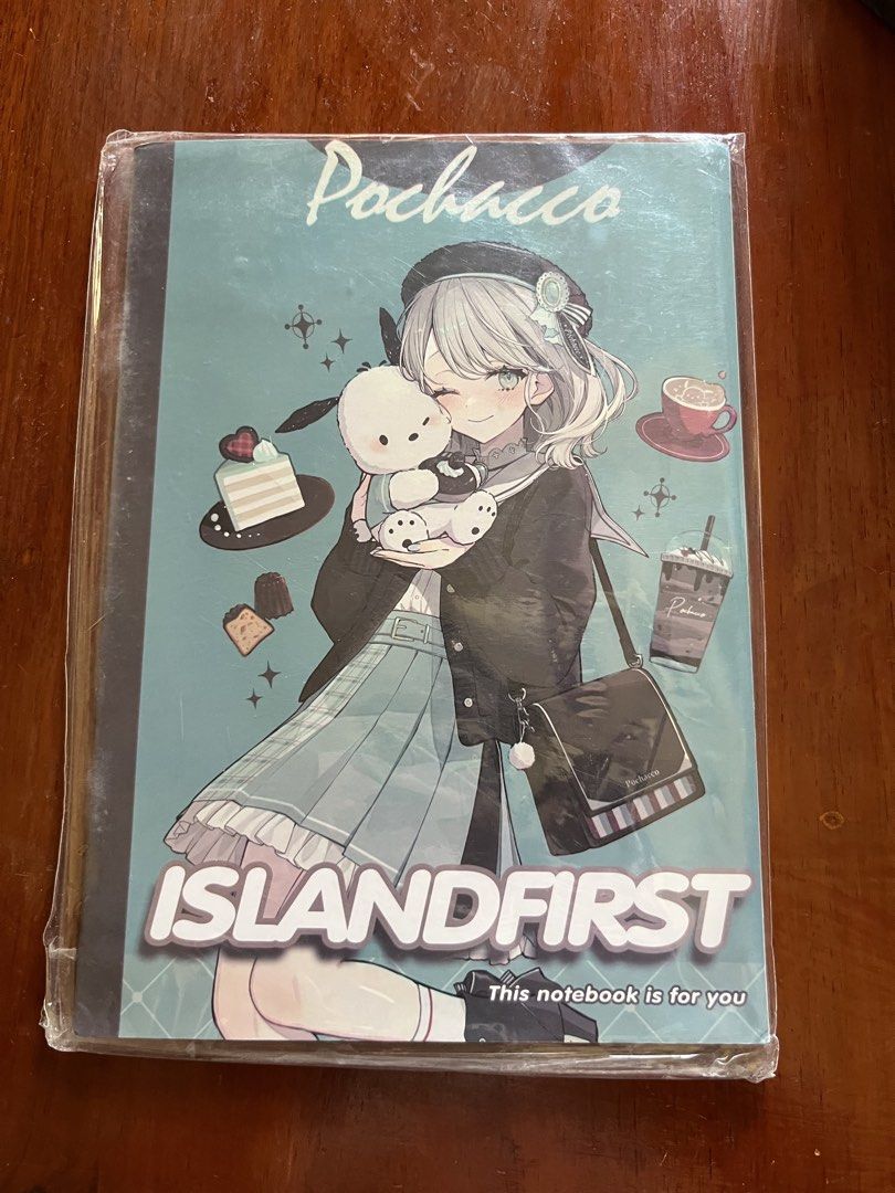 Pochacco Anime Style Notebook ISLANDFIRST (Category: Stationery & School Supplies) located in Malolos. Submitted by mavi.annxo (Listing ID 1467875753, Image 1). Description: - Design: Adorable Pochacco anime illustration with 'ISLANDFIRST' and 'This notebook is for you' text - Theme: Blue-green background featuring cute cakes, coffee cups, and drink graphics - Condition: Brand new, unused, with clear plastic wrapper still intact - Perfect for: Sa