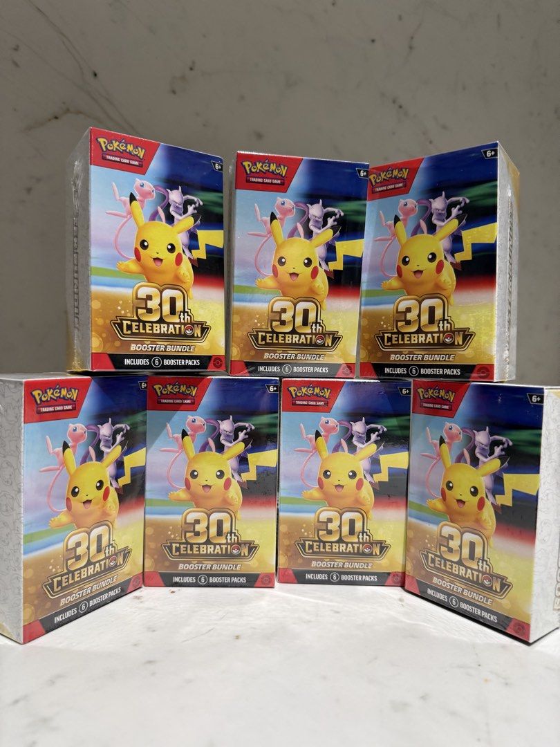 Pokemon 30th Celebration Booster Bundle Box [SEALED] (Category: Card Packs) located in San Juan City. Submitted by i_cess (Listing ID 1467897600, Image 1). Description: Pokemon 30th Celebration Booster Bundle [SEALED] - Condition: Brand new, factory-sealed plastic wrap - Contents: 6 booster packs per box - Design: Features Pikachu, Mew, and Mewtwo artwork - Availability: Multiple boxes in stock - Perfect for TCG collectors and fans Delivery Shipp