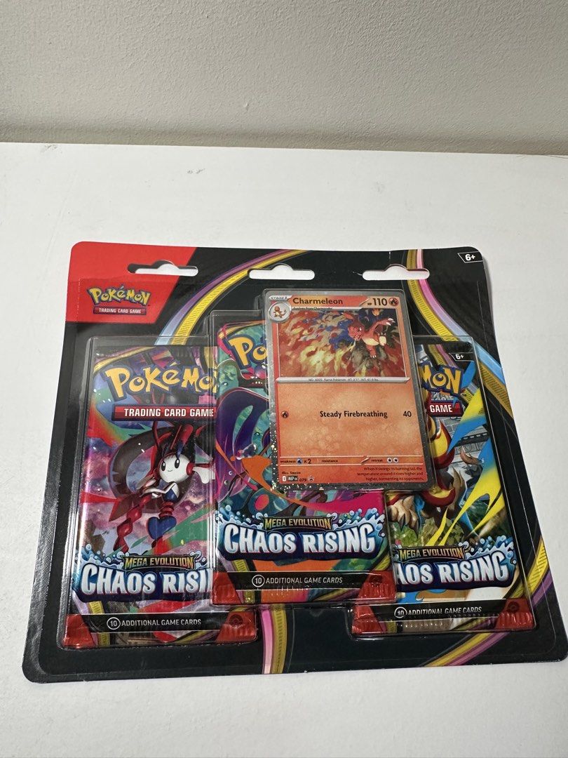 Pokémon Mega Evolution Chaos Rising Booster Pack English (Category: Card Packs) located in Cabanatuan. Submitted by s.kit.27 (Listing ID 1468019606, Image 1). Description: Sealed Pokémon Trading Card Game blister pack from the Mega Evolution Chaos Rising expansion. This set includes three booster packs and a special foil promo card featuring Charmeleon. The packaging is in pristine, unopened condition, making it a great addition for collectors lo