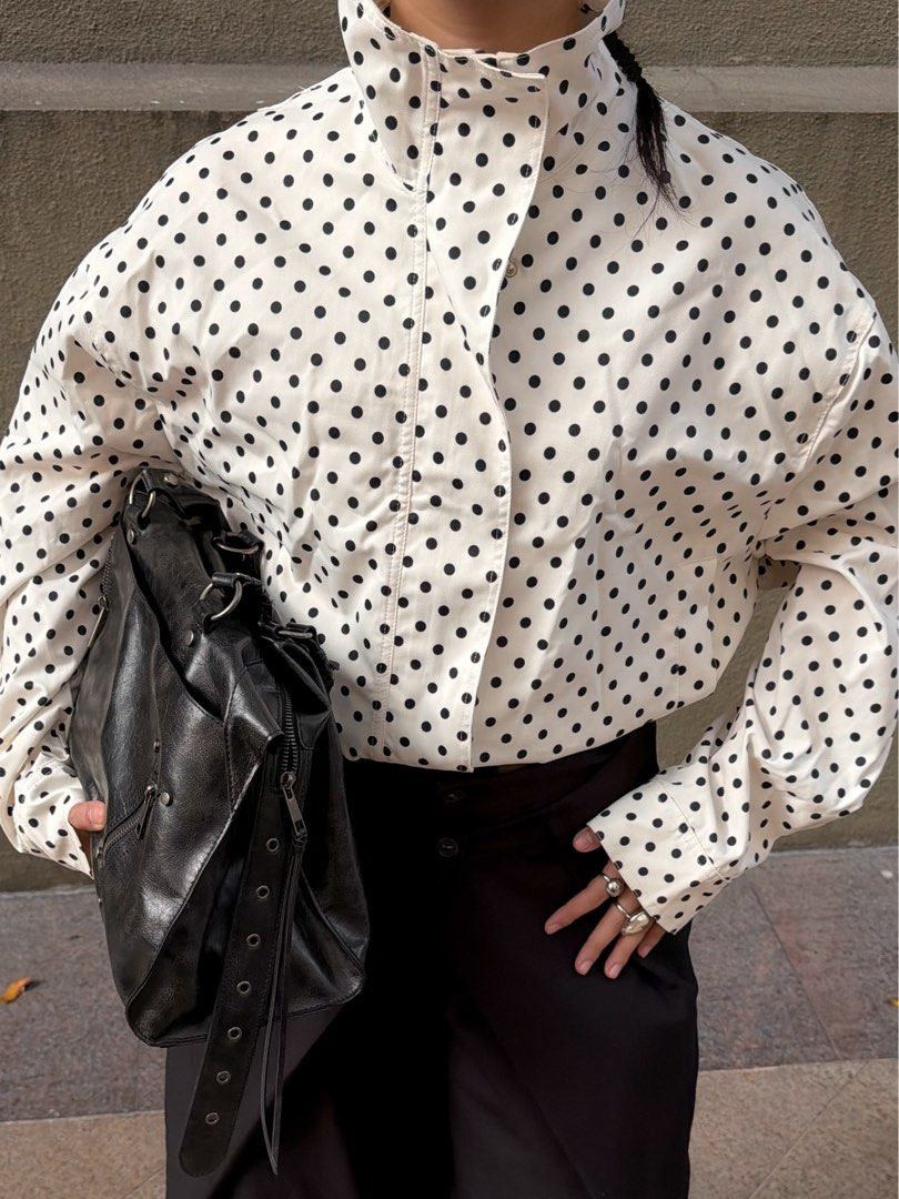 POLKA DOT FUNNEL NECK JACKET (Category: Coats, Jackets and Outerwear) located in Manila. Submitted by 777_moonlight (Listing ID 1468024146, Image 1). Description: SIZE SMALL — USED THRICE ONLY ( can be adjusted ).