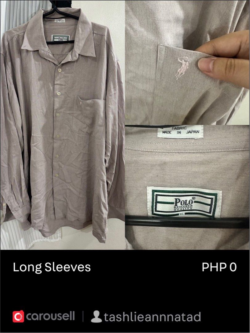 FREE ITEMS!! (Category: Longsleeves) located in Zamboanga. Submitted by tashlieannnatad (Listing ID 1467913858, Image 1). Description: - Brand: Polo Designer Quality - Made in Japan - Size: XL - Color: Classic neutral beige - Features: Classic collar, single chest pocket with pink embroidered logo - Details: Button closures on front and cuffs - Condition: Excellent, easy to style with various pants.