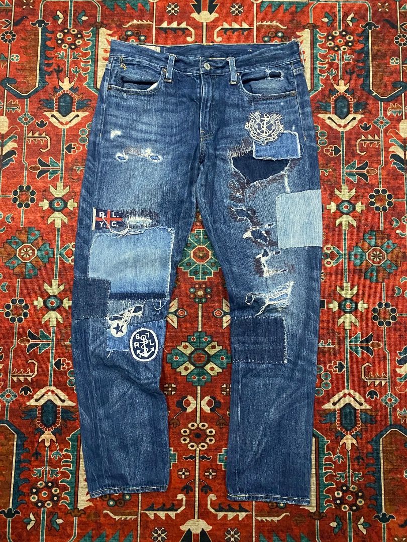 Polo Ralph Lauren Yatch Club Patchwork 28/30 (Category: Jeans) located in Antipolo. Submitted by bentakahitanoano (Listing ID 1467949653, Image 2). Description: Still in good condition Size 28 can fit 30 Waist 16 Rise 10 Thigh 11.5 Length 38.5 Inseam 27 Leg opening 6.5.