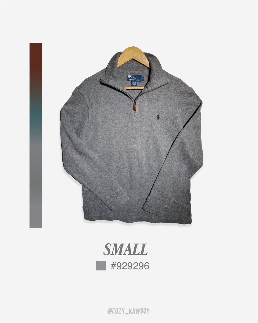 Polo Ralph Lauren Quarter Zip Gray D Green Logo Pullover Small (Category: Coats, Jackets and Outerwear) located in Quezon City. Submitted by mayidevangelista (Listing ID 1467942273, Image 2). Description: VTG Polo RL Q Zip Pullover - Gray (Small) 929296 Authenticated. Washed. Ready to wear. Cool gray balanced and neutral with no strong undertone. Long sleeves, mock neck with banded cuffs. 100% heavyweight cotton with leather zipper pull tab. Gree
