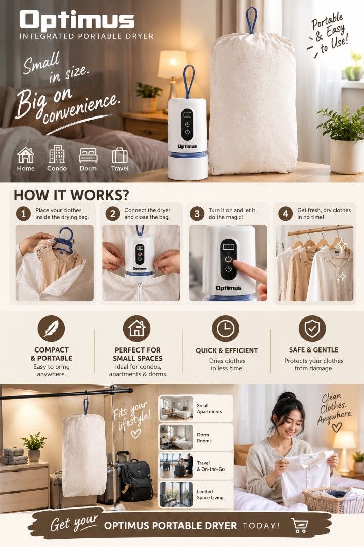 Portable Dryer (Category: Washing Machines and Dryers) located in Caloocan City. Submitted by alee7777 (Listing ID 1467976721, Image 1). Description: Compact Optimus portable clothes dryer, perfect for small spaces, dorms, and travel. Easy to use with a convenient hanging bag design—just hang, connect, and dry your clothes fast safely on all fabrics..