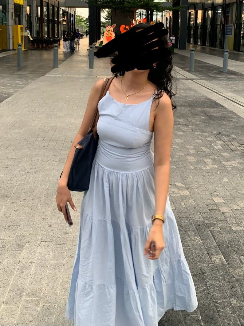 Powder Blue Tiered Maxi Dress (Category: Dresses) located in Manila. Submitted by biancadeclutters (Listing ID 1467979846, Image 2). Description: used twice only for reference: 5'2 height 33 inch bust 29 inch waist.