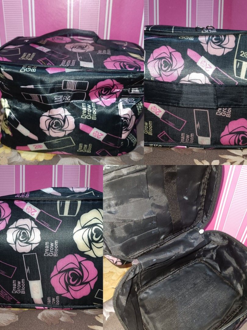 Preloved Makeup Vanity Case Organizer (Category: Purses & Pouches) located in Pasig City. Submitted by bcthriftedzoneonlineshop (Listing ID 1467943983, Image 3). Description: - Cosmetic and toiletry bags - Bag 1: Black background with pink/yellow roses and makeup prints - Bag 2: Brown checkered pattern with a green and red stripe - Features secure zippered main compartments and sturdy top handles - Dark inner lining equipped with practical pocket