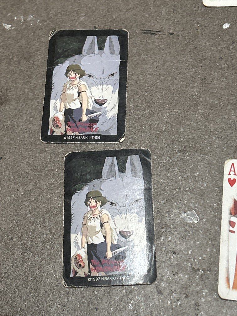 Princess Mononoke playing cards (Category: Board Games & Puzzles) located in Bulacan. Submitted by ourdailybreads (Listing ID 1467857582, Image 2). Description: This image shows a deck of collectible playing cards featuring characters and scenes from Studio Ghibli’s animated film Princess Mononoke (released around 1997 by Studio Ghibli / Ensky).