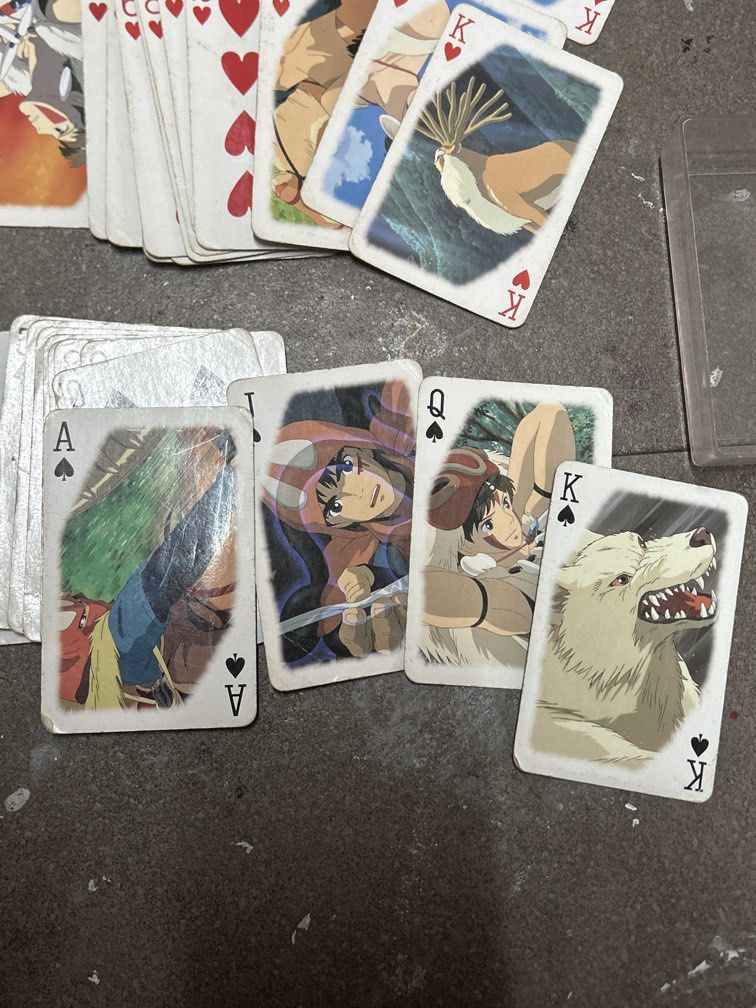 Princess Mononoke playing cards (Category: Board Games & Puzzles) located in Bulacan. Submitted by ourdailybreads (Listing ID 1467857582, Image 3). Description: This image shows a deck of collectible playing cards featuring characters and scenes from Studio Ghibli’s animated film Princess Mononoke (released around 1997 by Studio Ghibli / Ensky).