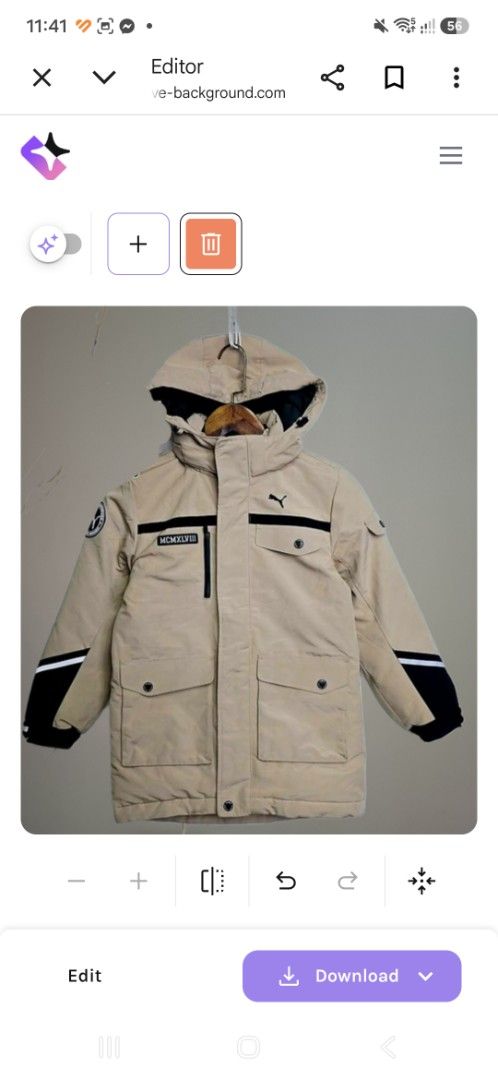 Puma Winter Jacket Beige Black Hooded Coat (Category: Babies & Kids Fashion) located in Imus. Submitted by maggieforce (Listing ID 1467922382, Image 1). Description: - size 120 on tag - Brand: Puma - Color: Tan with black contrast panels - Features: Hooded, thick padded lining for cold and snowy weather - Closure: Zip front with button flap - Pockets: Multiple functional pockets on chest and lower front - Details: Roman numerals graphic and Puma 