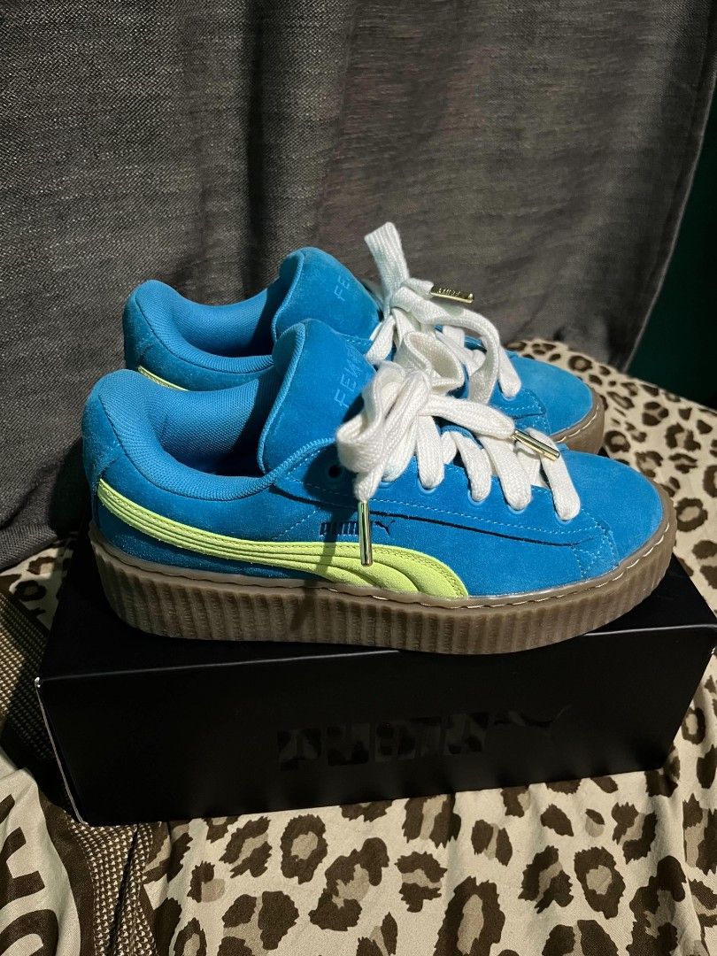 Puma x Fenty Creeper Phatty Speed Blue Lime (Category: Sneakers) located in Los Banos. Submitted by raynmca (Listing ID 1467947170, Image 3). Description: - Brand: Fenty Puma Creeper Phatty - Colorway: Speed Blue / Lime Pow-Gum - Size: UK 6 / US 7 / EUR 39 - Material: Premium suede upper with chunky gum sole - Condition: Like New - Inclusions: Original box and extra pair of blue laces included - used once only! - RFS: extra sneakers - shipping fe