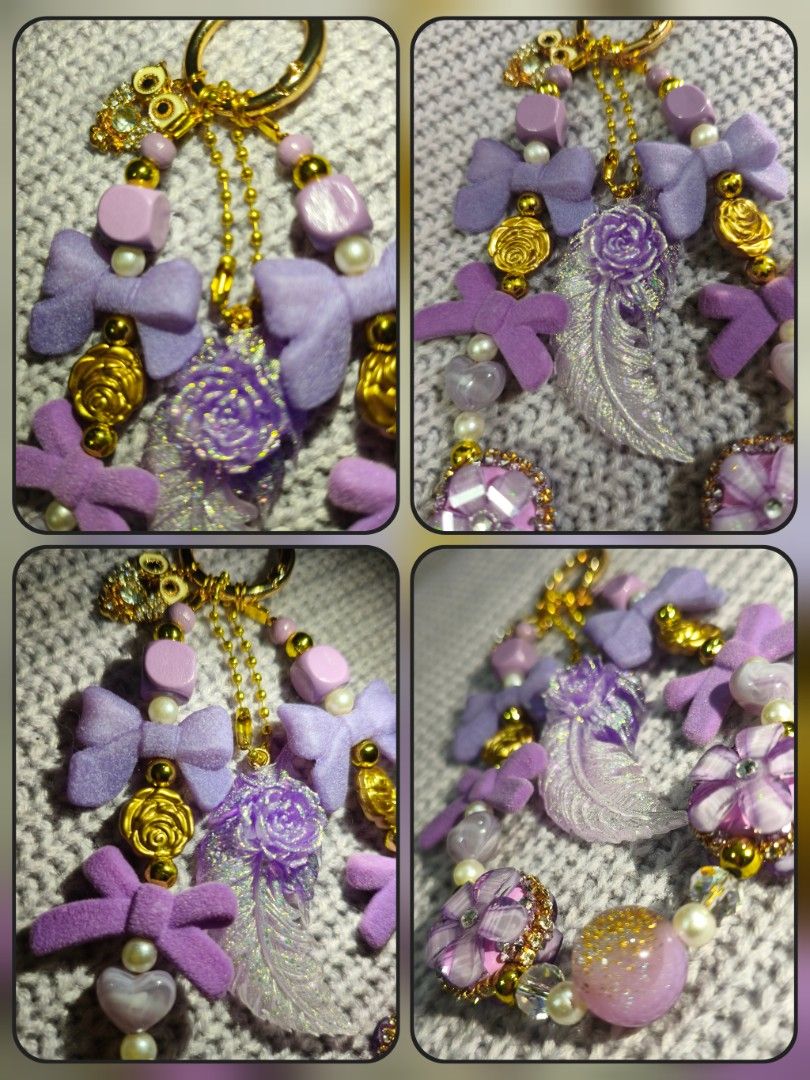 Purple Aesthetic Beaded Feather Owl Keychain (Category: Handmade Craft) located in Rizal. Submitted by cc_xixi (Listing ID 1468033808, Image 2). Description: - Handmade charm keychain in various shades of purple - Features fuzzy bows, metallic gold roses, pearl beads, and sparkly floral charms - Central translucent feather pendant with an embedded tiny rose - Accented with a small owl charm and secure gold clasp - Total length: Approximately 4 in