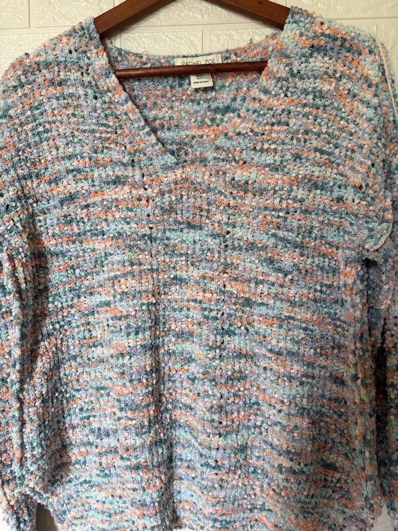 Rachel Zoe V-Neck Sweater (Category: Longsleeves) located in Batangas. Submitted by purple_and_orange (Listing ID 1467862708, Image 2). Description: - Brand: Rachel Zoe - Size: S (US/CA/UK/EU/AU compliant) - Material: Multi-colored textured knit - Colors: Pastel pink, blue, and orange tones - Design: V-neckline, long sleeves, relaxed fit .