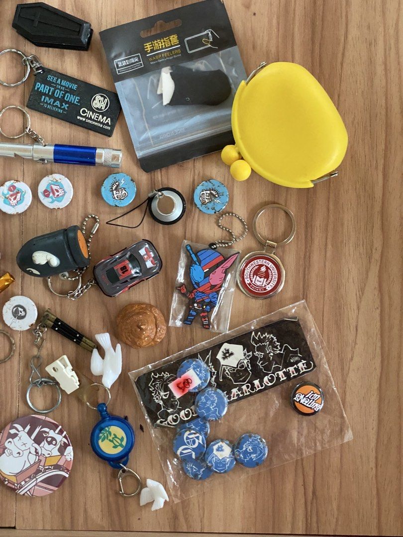 Random Anime Stickers Keychains Pins Phone Case Lot (Category: Character Goods) located in Cebu City. Submitted by bred_bt (Listing ID 1467914716, Image 3). Description: - Massive bulk lot of random knick-knacks, collectibles, and small trinkets - Includes various pins, keychains, phone cases, and sticker sheets - Mix of cute anime designs and quirky local Pinoy novelty items - Some items still brand new and sealed in original packaging (masks, s