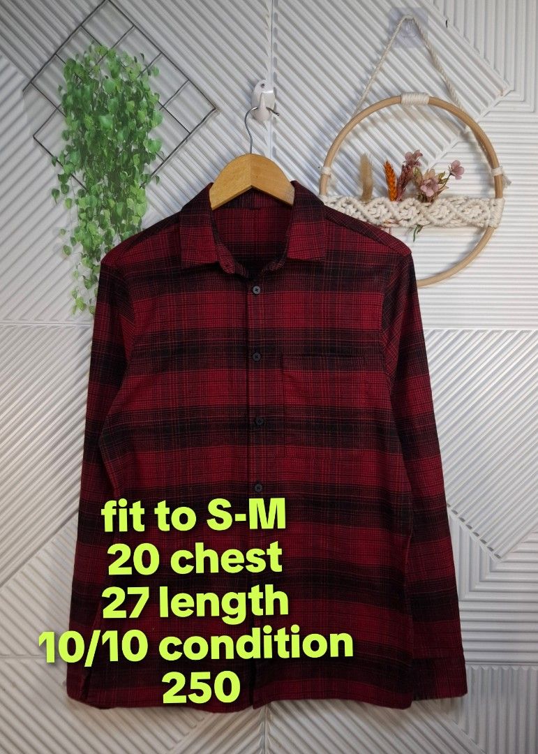 Red and Black Plaid Button-Down Shirt Size S-M (Category: Formal Shirts) located in Bulacan. Submitted by cathycampo51092 (Listing ID 1467842232, Image 1). Description: Red and black plaid flannel shirt with a chest pocket and black buttons. Fits sizes small to medium. Chest measures 20 inches across and length is 27 inches. Condition is listed as 10/10 in the photos..