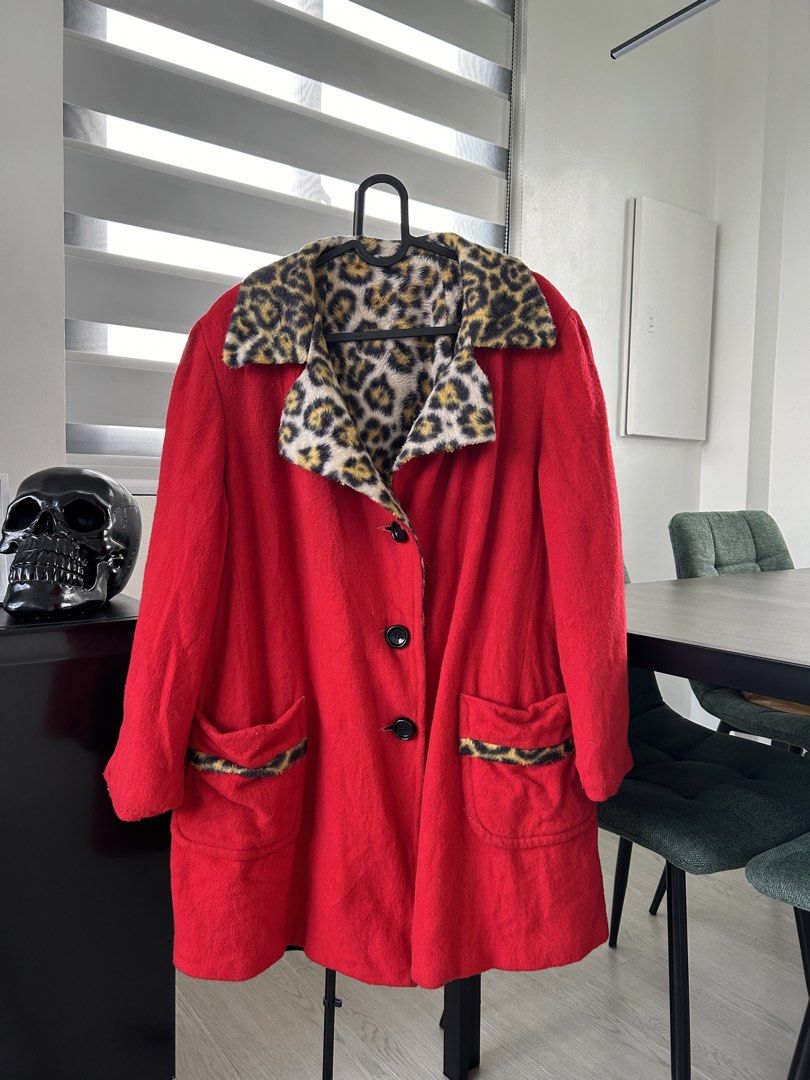 Red Coat with Leopard Print Collar and Lining (M) (Category: Coats, Jackets and Outerwear) located in Dasmarinas. Submitted by sfclosetcleanup (Listing ID 1467886655, Image 2). Description: 17 x 31.