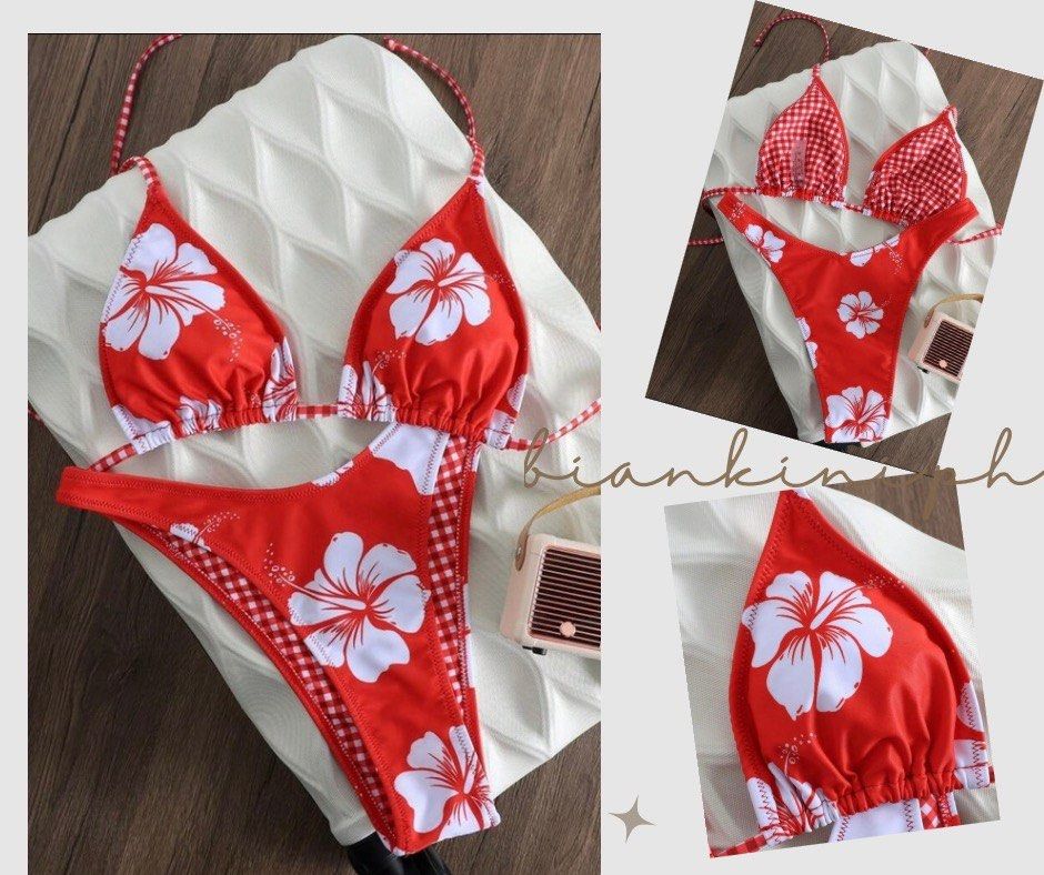 Red Hibiscus Print Gingham Bikini Set (Category: Bikinis & Swimsuits) located in Las Pinas. Submitted by kathybianca (Listing ID 1467882590, Image 1). Description: - Red and white gingham bikini set featuring a bold tropical hibiscus flower print - Includes a halter neck triangle top and matching high-cut cheeky bottoms - Adjustable ties at the neck and back for a customizable fit - Vibrant colors and clean fabric, ideal for beach trips and pool 