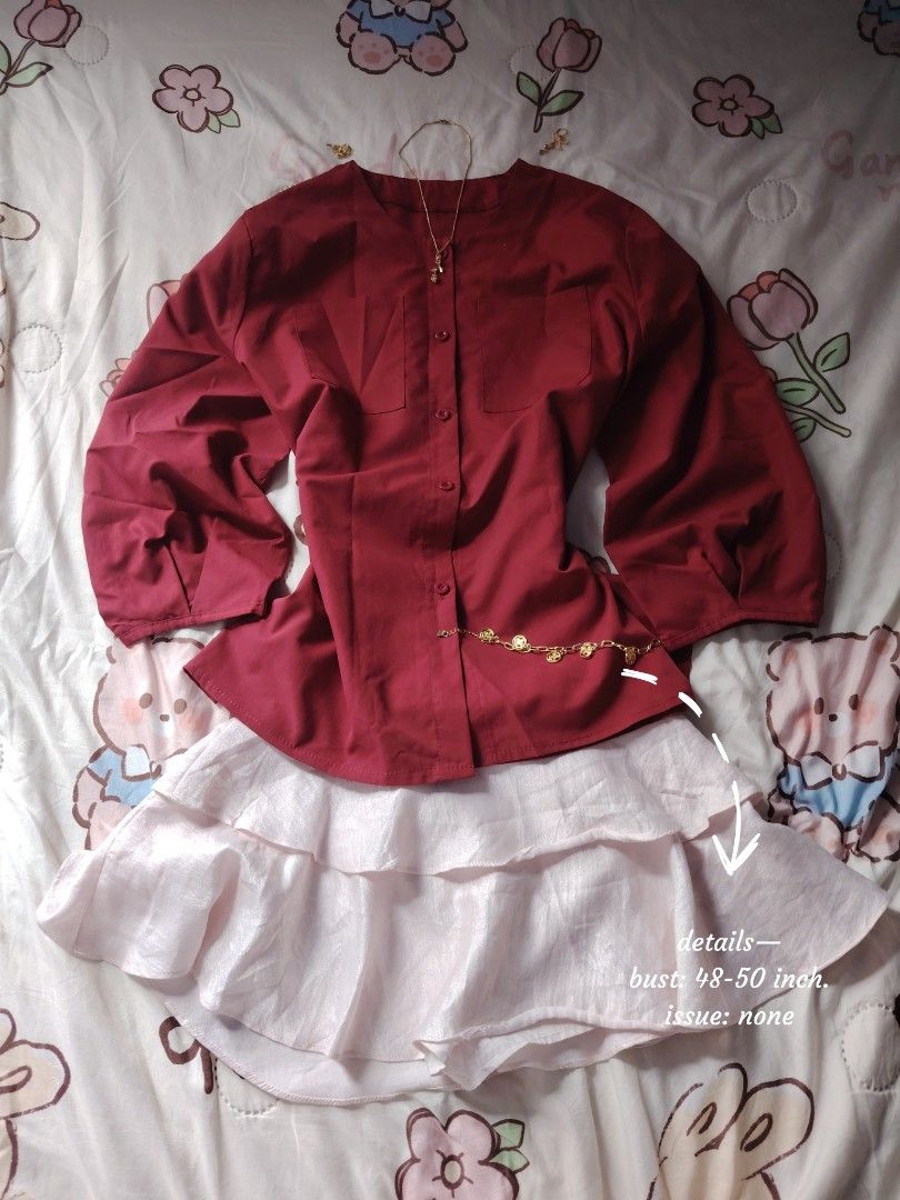 red oversized 3/4 sleeve and button down top 🌹 (Category: Blouses) located in Hermosa. Submitted by lcvelycath (Listing ID 1467887695, Image 2). Description: size: xxl-xxxxl mine: ₱49 bid: ₱+10 lock: ₱249 (shipped) EOB: sunday—october 18, 2026 °. thrifted, pre-loved, or brand new but ready to wear (some aren't bcs i don't have the time to wash them, very sorryy :<) colors may vary due to lightning & quality 𐙚 °. check details before mine joy mi