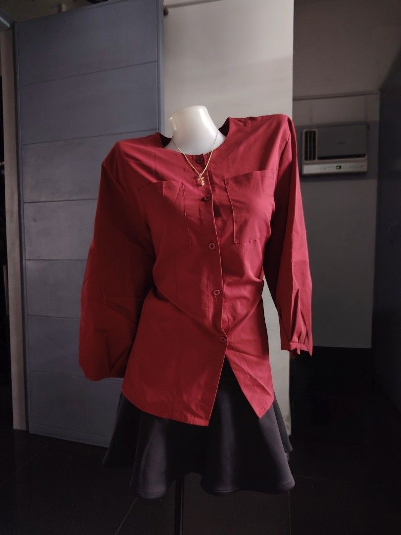 red oversized 3/4 sleeve and button down top 🌹 (Category: Blouses) located in Hermosa. Submitted by lcvelycath (Listing ID 1467887695, Image 3). Description: size: xxl-xxxxl mine: ₱49 bid: ₱+10 lock: ₱249 (shipped) EOB: sunday—october 18, 2026 °. thrifted, pre-loved, or brand new but ready to wear (some aren't bcs i don't have the time to wash them, very sorryy :<) colors may vary due to lightning & quality 𐙚 °. check details before mine joy mi