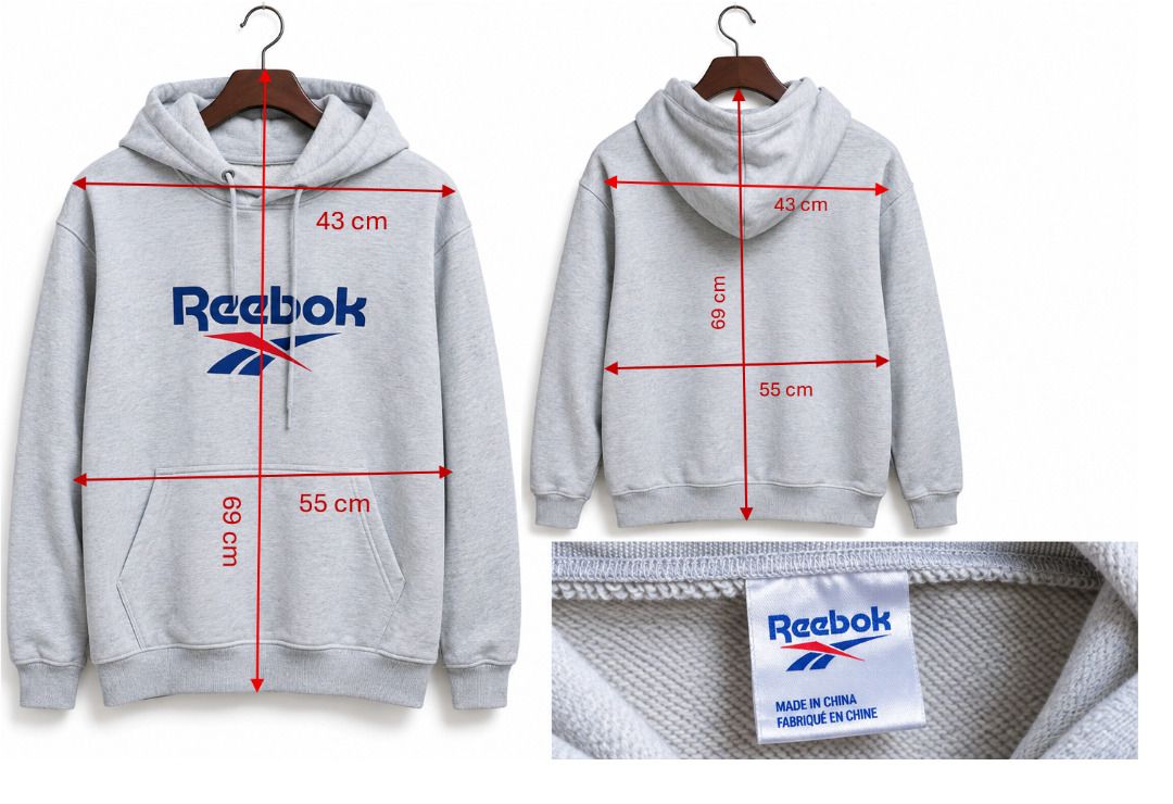 Reebok Grey Logo Hoodie Sweatshirt (Category: Hoodies) located in Caloocan City. Submitted by zendolphin-3d21 (Listing ID 1468000251, Image 2). Description: - Authentic grey Reebok hoodie - Classic blue and red logo on chest - Drawstring hood & front kangaroo pocket - Ribbed cuffs and hem for a snug fit - Soft interior lining for extra comfort - Standard fit, great for everyday wear - Made in China.