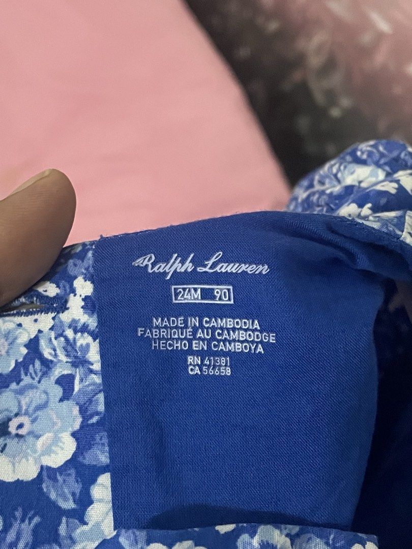 RL Floral Dress with bloomer (Category: Babies & Kids Fashion) located in Angono. Submitted by luxebynica (Listing ID 1467851685, Image 2). Description: Ralph Lauren Size: 24M (24 months), with “90” also printed on the tag, can fit up to 36 months, super nice in actual, used 2x Made in: Cambodia Style: Royal blue and white floral dress with short sleeves and a gathered skirt.