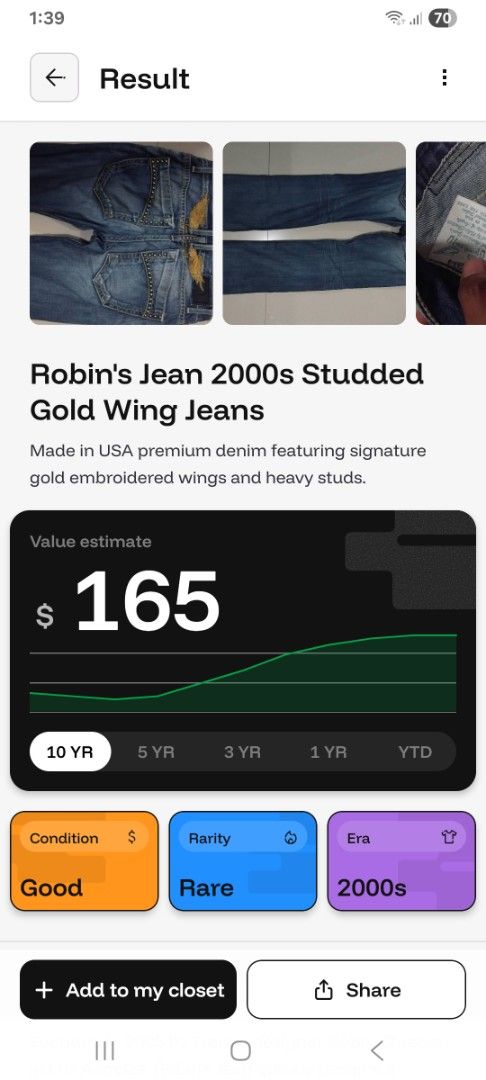 Robin's Jean 2000s Studded Gold Wing Jeans (Category: Coats, Jackets and Outerwear) located in Maasin. Submitted by cooleagle_3476d1 (Listing ID 1467885531, Image 1). Description: Vintage Robin's Jean from the 2000s. Made in USA premium denim with signature gold embroidered wings and heavy studs along the back pockets. Straight leg cut, classic wash. Great streetwear piece, hard to find this specific studded variant now..