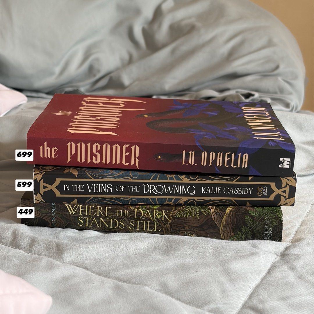 Romantasy Books for sale (Category: Storybooks) located in Manila. Submitted by mattheaaaa (Listing ID 1467878036, Image 1). Description: The Poisoner by I.V. Ophelia - 699 In the Veins of the Drowning by Kalie Cassidy - 599 Where the Dark Stands Still by A.B. Poranek - 449 .