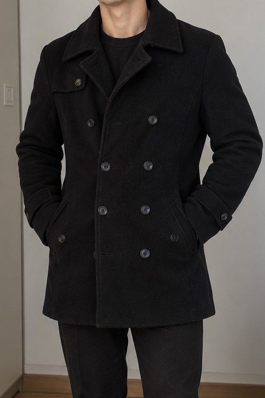 Roshell Black Double Breasted Wool Coat Size M (Category: Coats, Jackets and Outerwear) located in Baguio. Submitted by dreshop (Listing ID 1467847707, Image 1). Description: - Brand/Model: Roshell black double-breasted coat - Size: Medium (fits true to size) - Material: Warm wool blend with inner lining W 18” L 30” Sleeveves 23”.