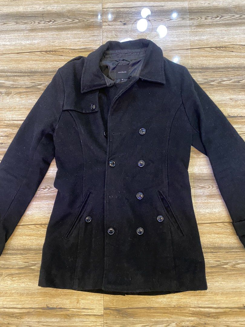 Roshell Black Double Breasted Wool Coat Size M (Category: Coats, Jackets and Outerwear) located in Baguio. Submitted by dreshop (Listing ID 1467847707, Image 3). Description: - Brand/Model: Roshell black double-breasted coat - Size: Medium (fits true to size) - Material: Warm wool blend with inner lining W 18” L 30” Sleeveves 23”.