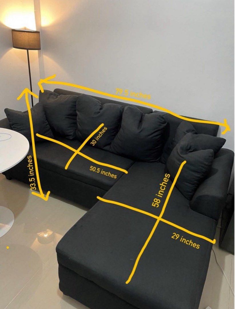 RUSH SALE!!! L-shaped Sofa Dark Grey (Category: Sofas) located in Bacoor. Submitted by poshvault (Listing ID 1467853214, Image 1). Description: -Dark Grey -Free 6 pillows -Measurements provided RFS: We relocated, too big for our living area 💔 Loc: Bacoor, Cavite Selling to someone willing to book a small van/pick-up/L300 van for this one .