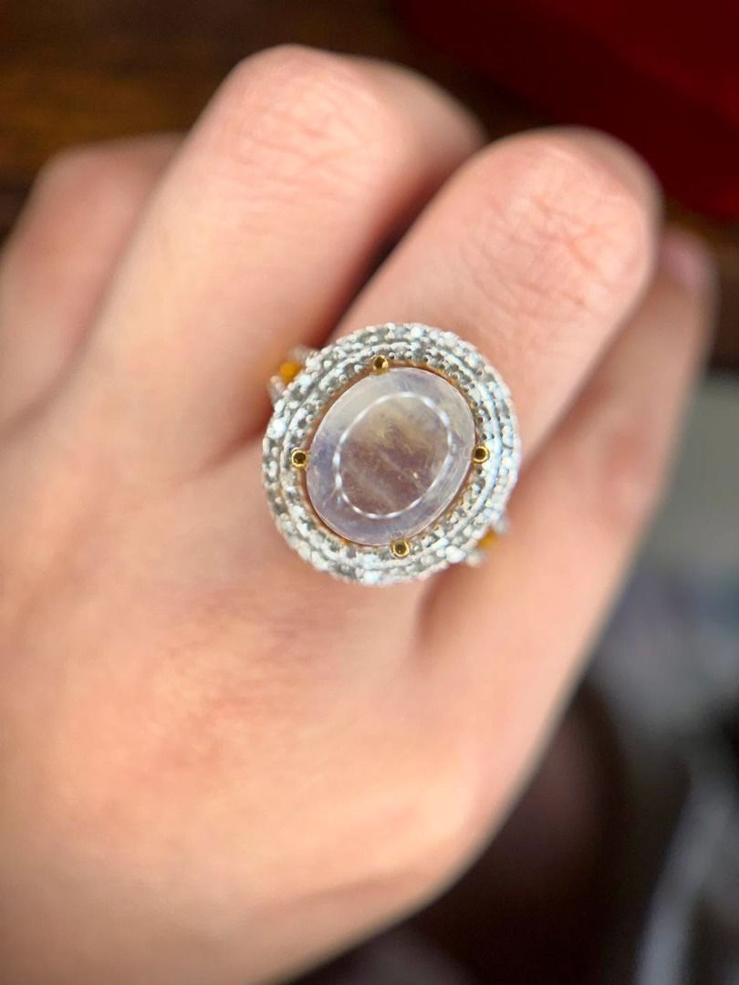 S6.5 NATURAL MADAGASCAR MOONSTONE & DIAMONDS (Category: Rings) located in Baguio. Submitted by asna_taku (Listing ID 1467938412, Image 1). Description: 🌙 NATURAL MADAGASCAR MOONSTONE & DIAMONDS That glow. 😍 The adularescence on this 5.33ct natural Moonstone is the star of the piece—soft, luminous and beautifully dreamy. ✨ 5.33ct natural Moonstone ✨ Madagascar origin 🇲🇬 ✨ Oval cabochon with visible adularescence ✨ Approx. 0.37ct natural Diamon