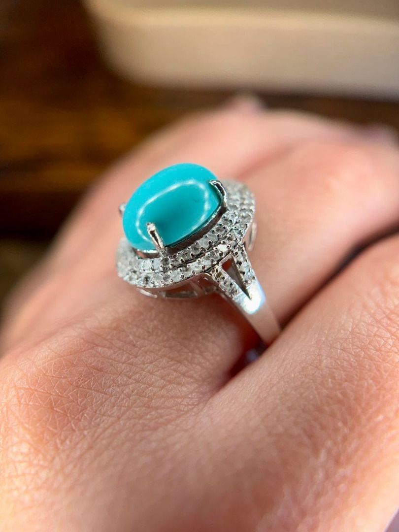 S7 NATURAL TURQUOISE & DIAMONDS IN .925 SILVER (Category: Rings) located in Baguio. Submitted by asna_taku (Listing ID 1467893909, Image 3). Description: 💎 NATURAL TURQUOISE & DIAMONDS IN .925 SILVER 💎 Arizona Turquoise • Bnew • Size 7 A gorgeous natural Arizona turquoise with that dreamy, vivid blue color—set in an intricate .925 silver design accented with numerous round-cut natural diamonds. ✨ The certificate from American Gem Analysis Lab (