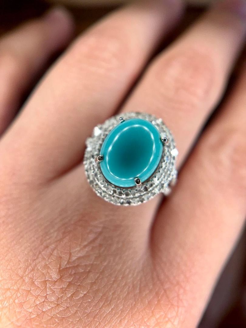 S7 NATURAL TURQUOISE & DIAMONDS IN .925 SILVER (Category: Rings) located in Baguio. Submitted by asna_taku (Listing ID 1467893909, Image 2). Description: 💎 NATURAL TURQUOISE & DIAMONDS IN .925 SILVER 💎 Arizona Turquoise • Bnew • Size 7 A gorgeous natural Arizona turquoise with that dreamy, vivid blue color—set in an intricate .925 silver design accented with numerous round-cut natural diamonds. ✨ The certificate from American Gem Analysis Lab (