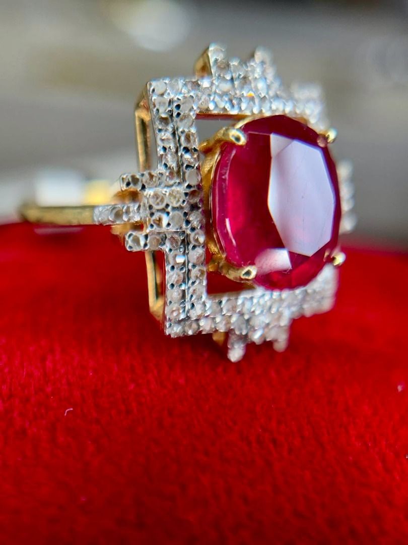 S8.5 NATURAL RUBY & DIAMONDS — 925 SILVER YELLOW GOLD-PLATED RING (Category: Rings) located in Baguio. Submitted by asna_taku (Listing ID 1467935431, Image 3). Description: ❤️ NATURAL RUBY & DIAMONDS — 925 SILVER YELLOW GOLD-PLATED RING LOOK AT THAT RUBY! ❤️✨ For the ladies who love their jewelry bold, regal, and impossible to miss. This beauty features a 4.45ct natural ruby from Mozambique, beautifully faceted in an oval cut. The rich red center