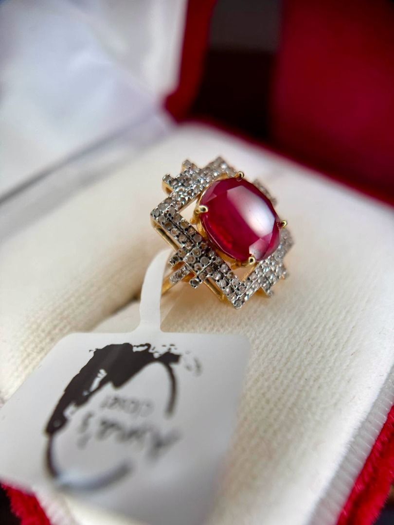 S8.5 NATURAL RUBY & DIAMONDS — 925 SILVER YELLOW GOLD-PLATED RING (Category: Rings) located in Baguio. Submitted by asna_taku (Listing ID 1467935431, Image 2). Description: ❤️ NATURAL RUBY & DIAMONDS — 925 SILVER YELLOW GOLD-PLATED RING LOOK AT THAT RUBY! ❤️✨ For the ladies who love their jewelry bold, regal, and impossible to miss. This beauty features a 4.45ct natural ruby from Mozambique, beautifully faceted in an oval cut. The rich red center