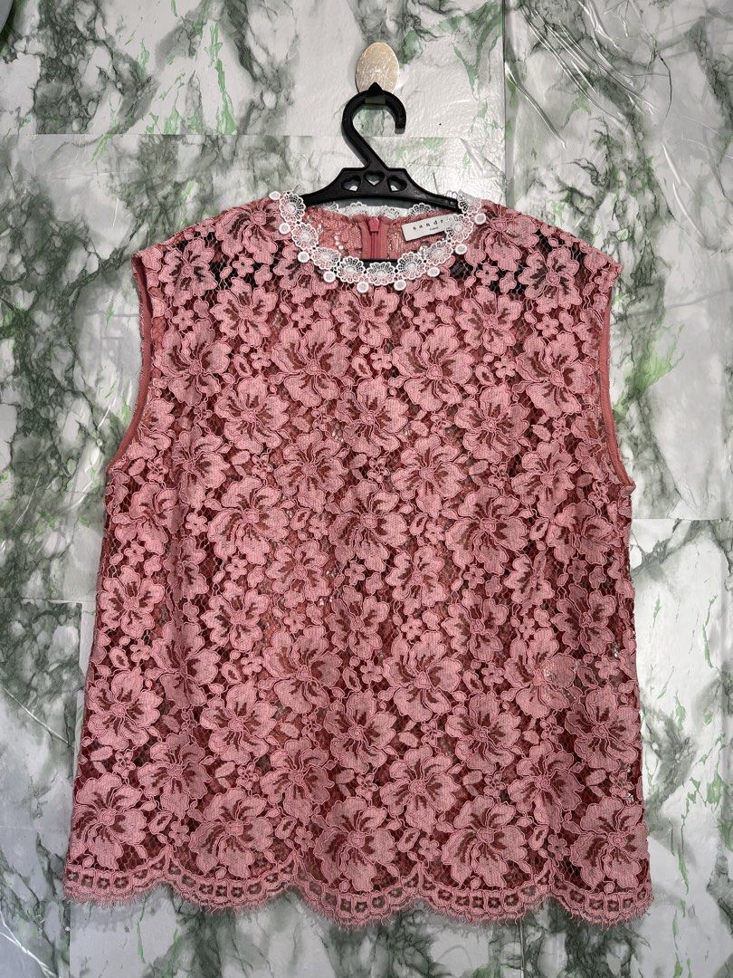 SANDRO lace sleeveless top (Category: Sleeveless) located in Bulacan. Submitted by letsfindukaywithme (Listing ID 1468050801, Image 3). Description: Sandro Pink Lace sleevesless Size 1 18x23" Fits up to Medium Like new No issue +sf payment first Ship via J&T.