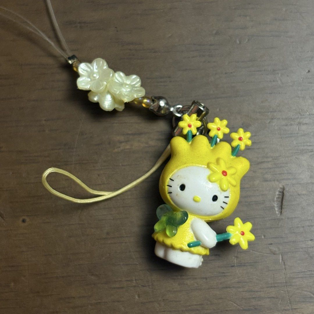 Sanrio 2000 Hello Kitty Yellow Flower Phone Strap Charm (Category: Character Goods) located in Manila. Submitted by aobacafe (Listing ID 1467955295, Image 3). Description: - Authentic Sanrio official merchandise made in Japan (Year 2000 vintage) - Features Kitty dressed in an adorable yellow flower outfit holding a flower wand - Comes with the original colorful beaded strap - Includes the original packaging backing card for true collectors - Rare
