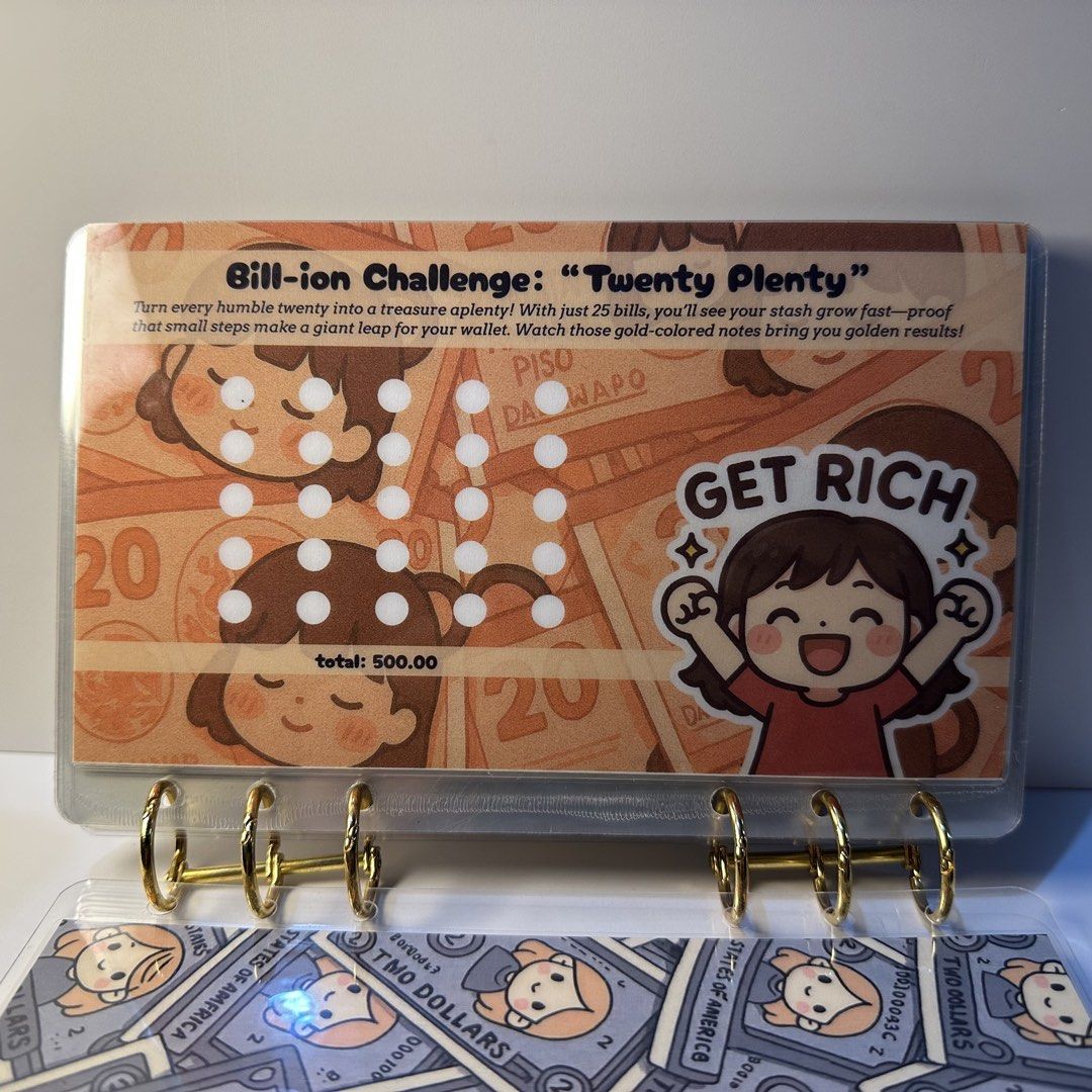 savings challenge laminated binder by namicart (Category: Other Stationery & Craft) located in Pakil. Submitted by primrosehearts (Listing ID 1467877552, Image 2). Description: - laminated in glossy 250microns film - 2pcs 3-hole gold metal rings - 9pcs cash envelopes back to back print (1pc scratch off) - 2pcs laminated cover (back & front) - with garter.