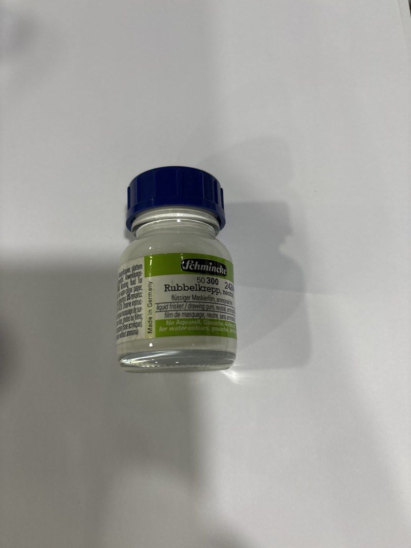 Schmincke Rubbelkrepp Neutral Liquid Frisket 20ml (Category: Craft Supplies & Tools) located in Mandaluyong City. Submitted by clothescarousel (Listing ID 1467958059, Image 1). Description: - Brand: Schmincke Rubbelkrepp - Item: Neutral liquid frisket in 20ml glass bottle with blue cap - Condition: Brand new and unused in original packaging - Origin: Made in Germany - Ideal for: Watercolor, gouache, airbrush work, photography, and film masking on