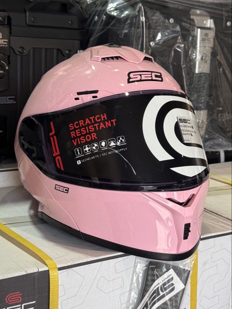 SEC Gloss Pink Modular Motorcycle Helmet (Category: Bicycles) located in Manila. Submitted by luv_chesc4 (Listing ID 1468050607, Image 1). Description: Color: Gloss pink finish Condition: Brand new with original tags and packaging accessories Visor: Scratch-resistant with factory sticker still intact .