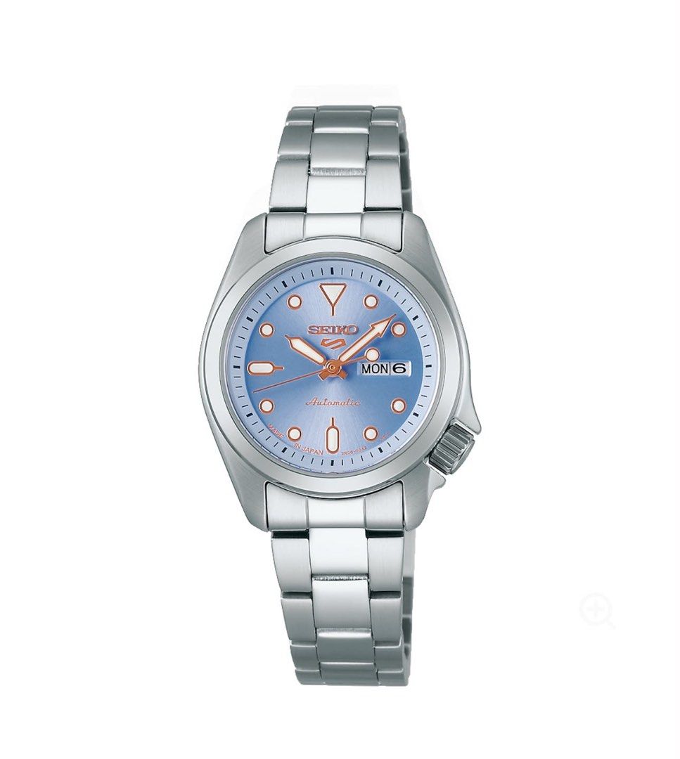 Seiko 5 SRRA001 Automatic Ice Blue Dial Watch (Category: Women's Watches) located in Quezon City. Submitted by gktan003602644 (Listing ID 1467875681, Image 3). Description: - Model: Seiko 5 Sports SRRA001 - Dial: Stunning ice blue with rose gold-tone hands and hour markers - Bracelet: Silver steel - Features: Date display at 3 o'clock, 21 jewels automatic movement - Condition: Brand new - Inclusions: Original white outer box and inner presentatio