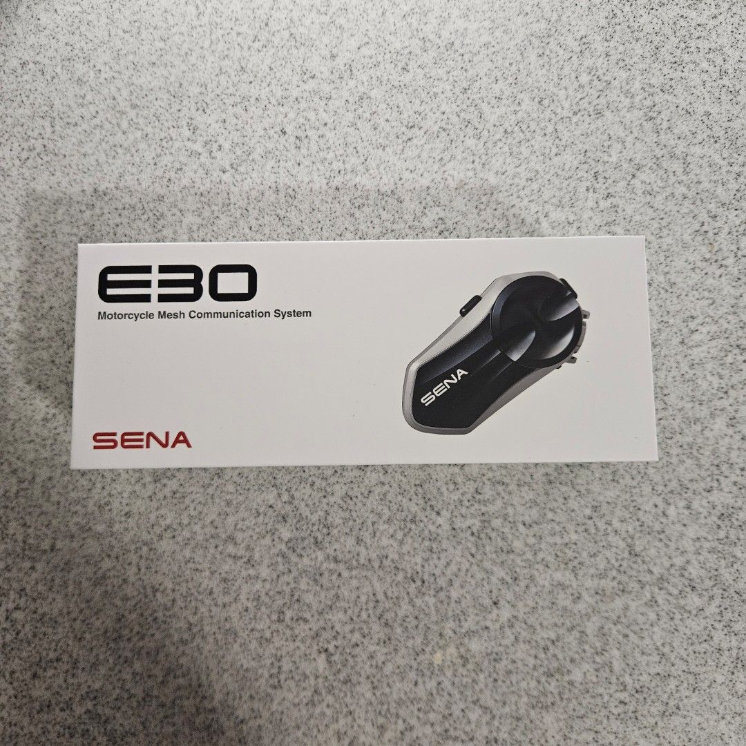 Sena E30 Intercom (Category: Motorcycle Accessories) located in Singapore. Submitted by koodoes4450 (Listing ID 1468028037, Image 2). Description: Sena E30 motorcycle mesh communication system. Box opened to check contents, never installed on any helmet. Complete unit inside original white packaging with extra white faceplate piece included. Bluetooth and mesh intercom capabilities for riders..