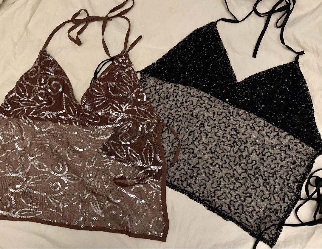 Sequined mesh halter tops in brown and black (Category: Sleeveless) located in Manila. Submitted by deanise_jil (Listing ID 1468028890, Image 3). Description: (BEADED BUNDLE) 2 Y2K vintage Beaded Backless Halter Tops as a set! Beautifully made. Black size - XS-Semi Med Brown size - XXS-Semi Med Issues for black - loose thread and missing beads in one area only Issues for brown - Loose thread a bit only on left string. Tags : Party Camisole / Blac