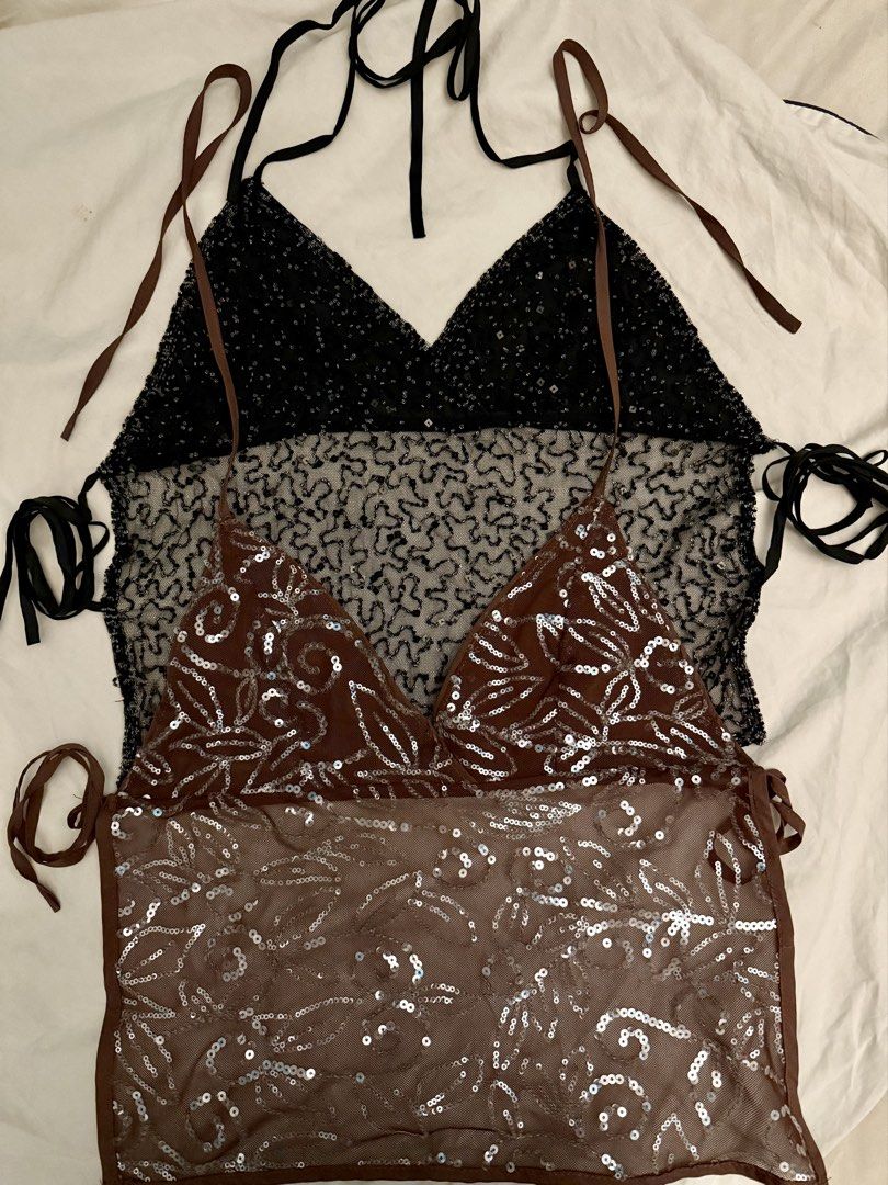 Sequined mesh halter tops in brown and black (Category: Sleeveless) located in Manila. Submitted by deanise_jil (Listing ID 1468028890, Image 1). Description: (BEADED BUNDLE) 2 Y2K vintage Beaded Backless Halter Tops as a set! Beautifully made. Black size - XS-Semi Med Brown size - XXS-Semi Med Issues for black - loose thread and missing beads in one area only Issues for brown - Loose thread a bit only on left string. Tags : Party Camisole / Blac