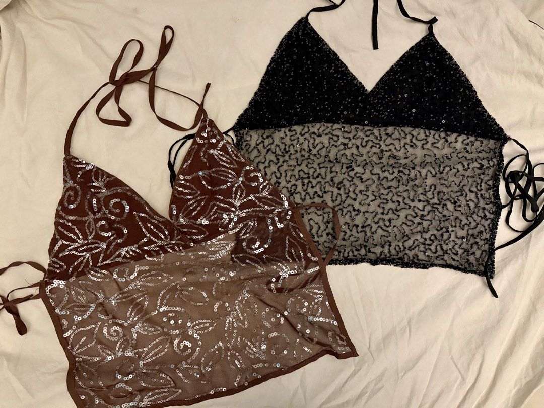 Sequined mesh halter tops in brown and black (Category: Sleeveless) located in Manila. Submitted by deanise_jil (Listing ID 1468028890, Image 2). Description: (BEADED BUNDLE) 2 Y2K vintage Beaded Backless Halter Tops as a set! Beautifully made. Black size - XS-Semi Med Brown size - XXS-Semi Med Issues for black - loose thread and missing beads in one area only Issues for brown - Loose thread a bit only on left string. Tags : Party Camisole / Blac