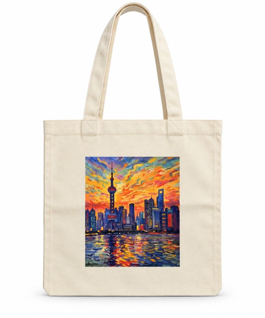 Shanghai Skyline Canvas Tote Bag (Category: Tote Bags) located in Pasig City. Submitted by swipeandpicks (Listing ID 1468051447, Image 1). Description: • Color: Off-white / Cream / Natural Beige background with a multicolor, vibrant print (featuring shades of orange, yellow, blue, and purple). • Material: 100% Cotton Canvas. Thick, durable, and eco-friendly texture. • Size: L15*W13.5inch.