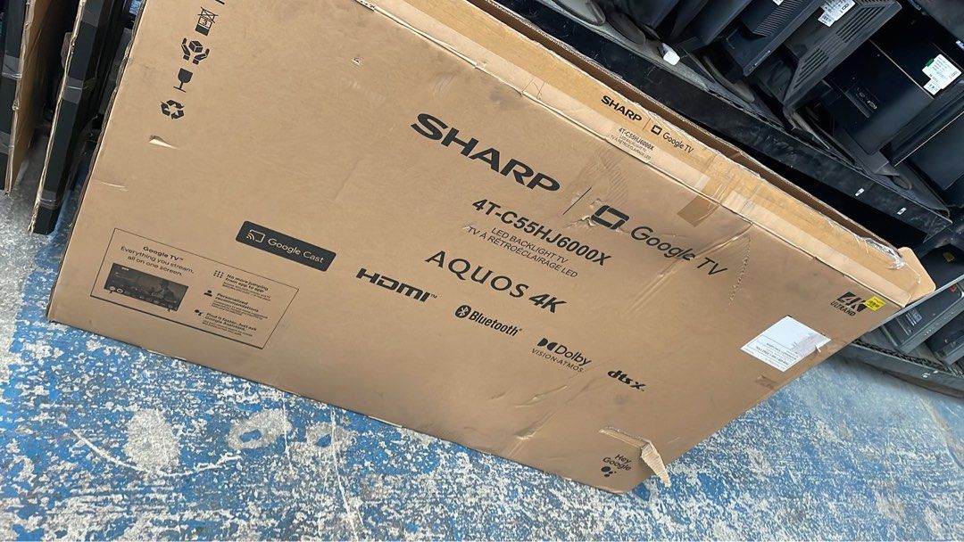 Sharp Aquos 4K 55 inch Google TV 4T-C55HJ6000X (Category: TV) located in Calamba. Submitted by jozamvibar76665 (Listing ID 1467861799, Image 2). Description: Sharp Aquos 4K 55 inch smart TV. Model 4T-C55HJ6000X with Google TV built-in. Sharp picture quality, vibrant colors. Access Netflix, YouTube, Prime Video easily. Google Assistant ready, Chromecast included. Dolby Vision Atmos sound setup. Box included in packaging. Great screen size for movi
