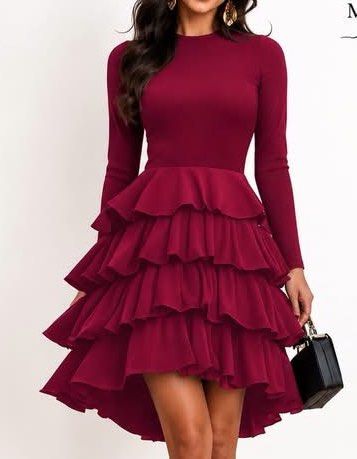 Shein Burgundy Ruffled Maxi Skirt (Category: Dresses) located in Binan City. Submitted by myprelovedhaul (Listing ID 1467963613, Image 1). Description: - no when worn photos! - last price posted! - please message only if sure buyer! - limited replies only. - Available unless mark as sold. - Ship via j&t or lalamove for same day. -Mode of payment: Gcash 📍Biñan Laguna Heavy fabric! This is a long-sleeve, burgundy-colored tiered ruffle midi/maxi dr